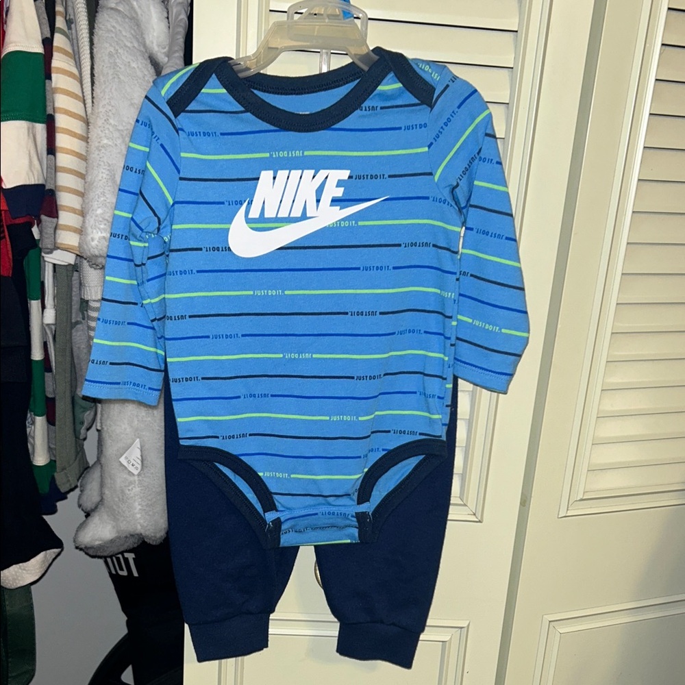 Nike Blue and Green Striped Bodysuit & Pants